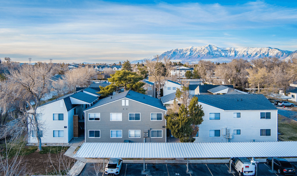 A row of houses with a mountain range in the background.