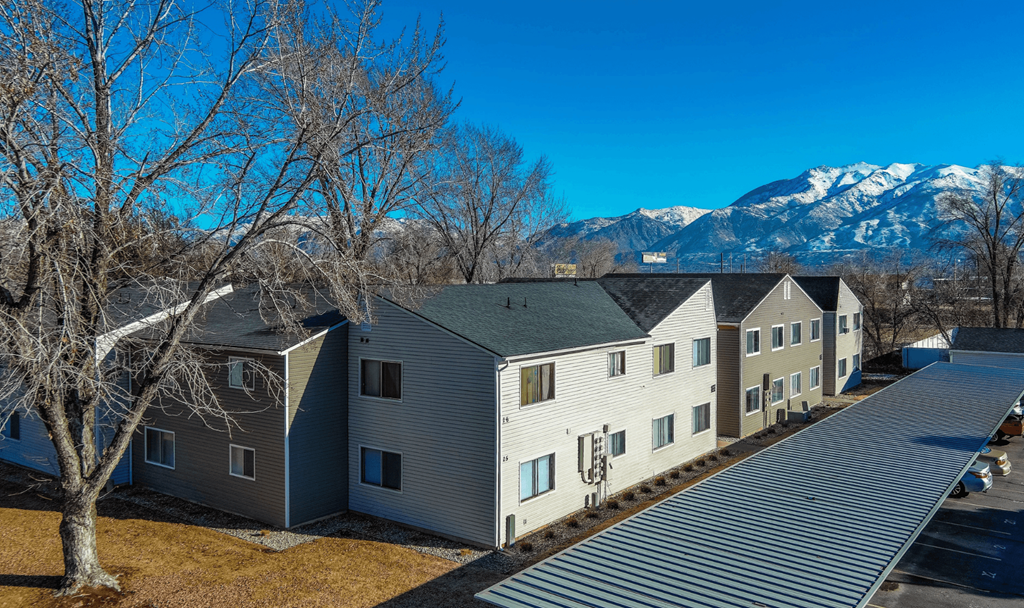A row of houses with a mountain in the background.
