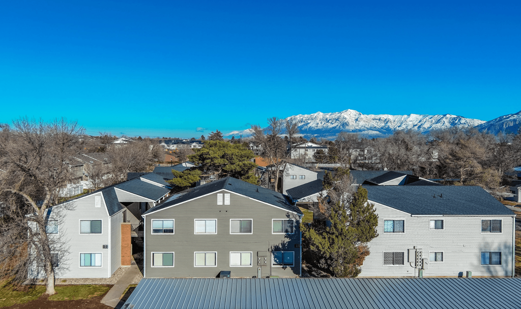 A row of houses with a mountain in the background.