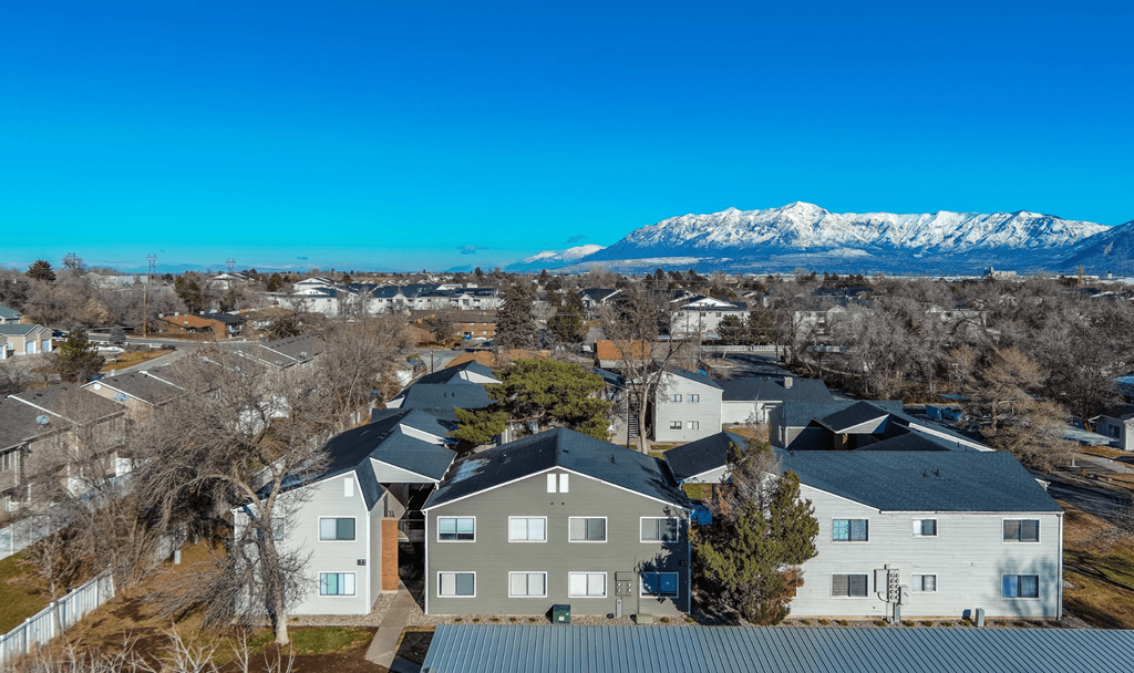 A residential area with houses and a mountain in the background.