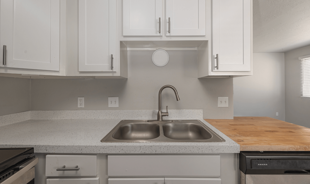 A kitchen with a sink and a stove top oven.