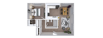 A top-down view of a small apartment with a kitchen, living room, and bathroom.