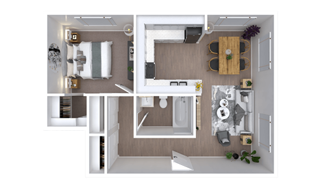 A top-down view of a small apartment with a kitchen, living room, and bathroom.