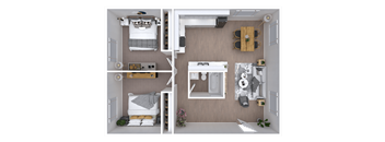 A 3D floor plan of a small apartment with a bedroom, living room, and kitchen.