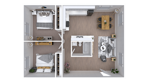 A 3D floor plan of a small apartment with a bedroom, living room, and kitchen.