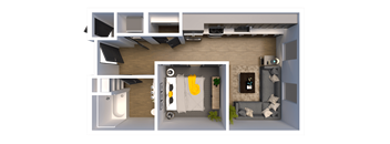 an overhead view of a house with a bedroom and a living room