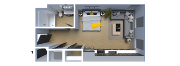 a 3d rendering of a bedroom with a bed and a living room