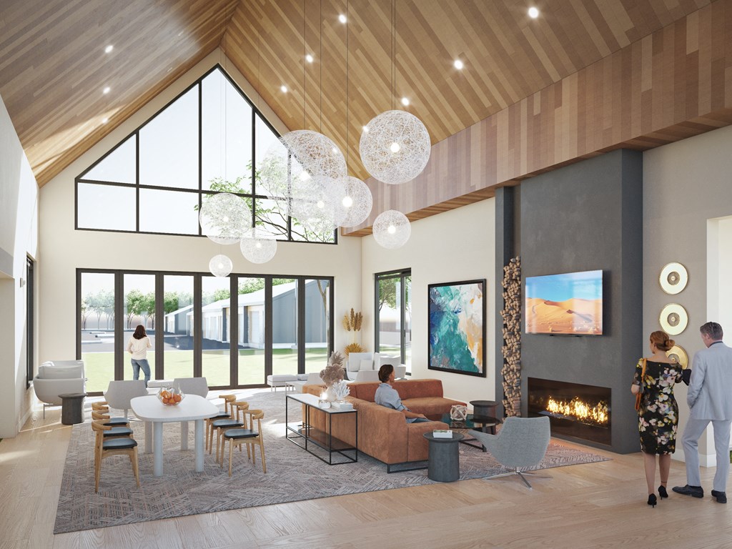 a rendering of a living room with people and a fireplace