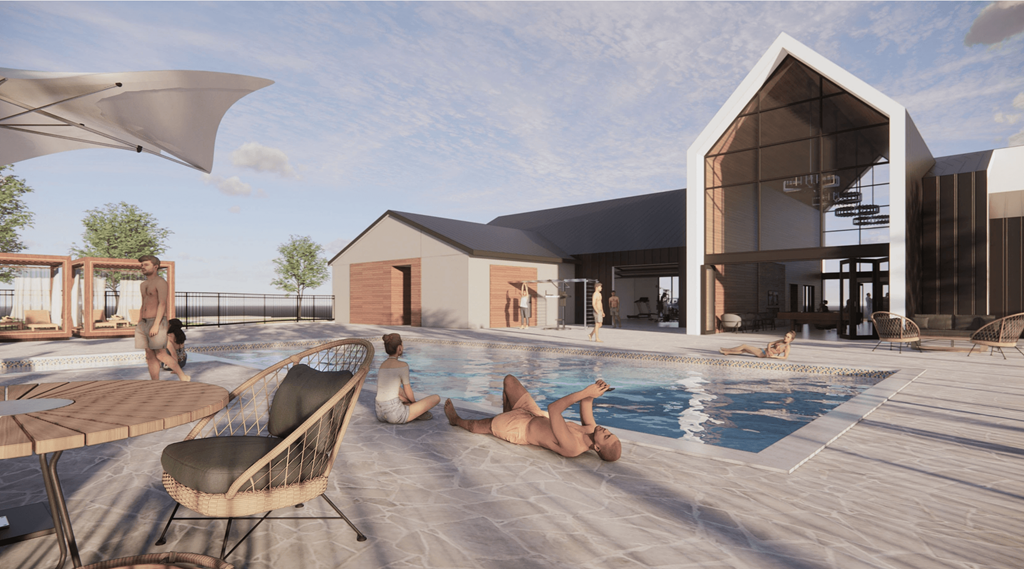 a rendering of a house with a swimming pool with people in it