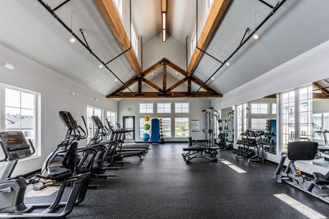 A gym with treadmills, exercise bikes, and other equipment.