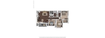 A floor plan of a two-bedroom apartment with a living room, kitchen, and bathroom.