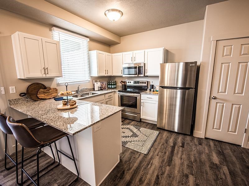 A kitchen with a granite countertop and stainless steel appliances.