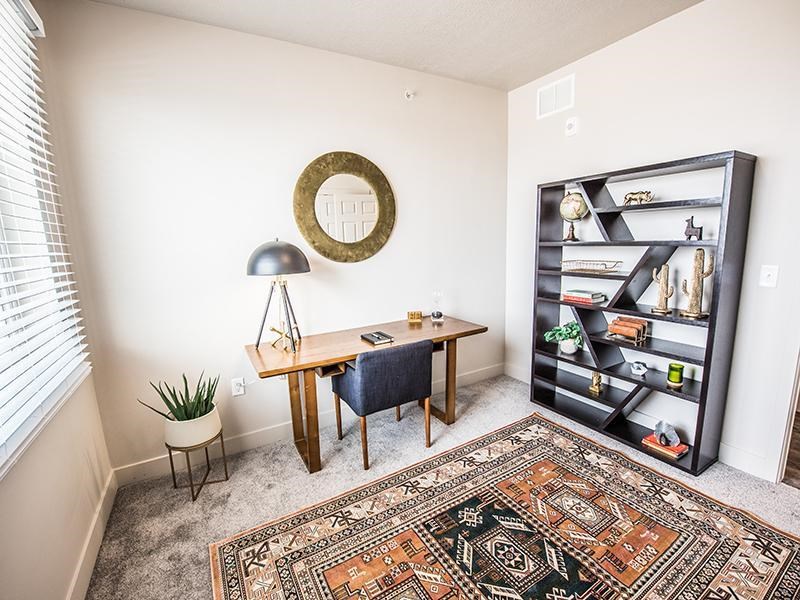 A room with a desk, chair, and a rug.