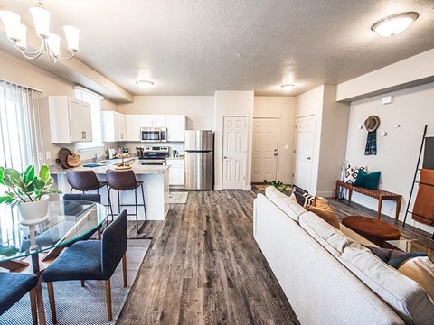 A modern open plan living and kitchen area with a dining table and chairs.