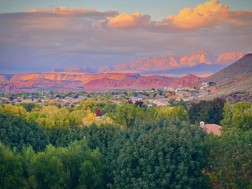 a city with mountains in the background and trees in the foreground
