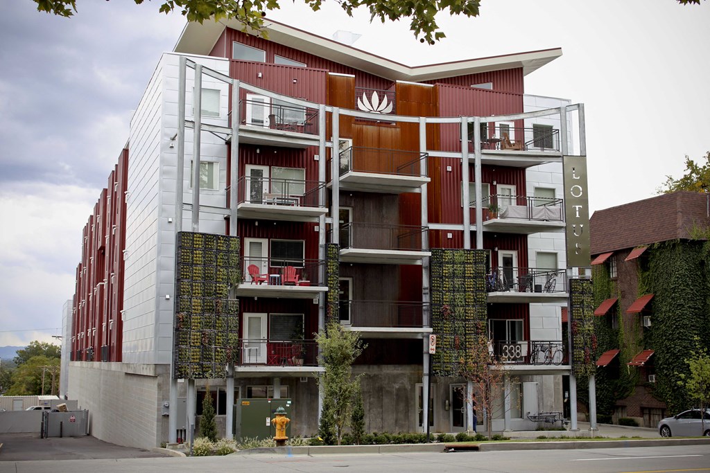 exterior of red brick building at The Lotus Apartments in Downtown Salt Lake City, Utah
