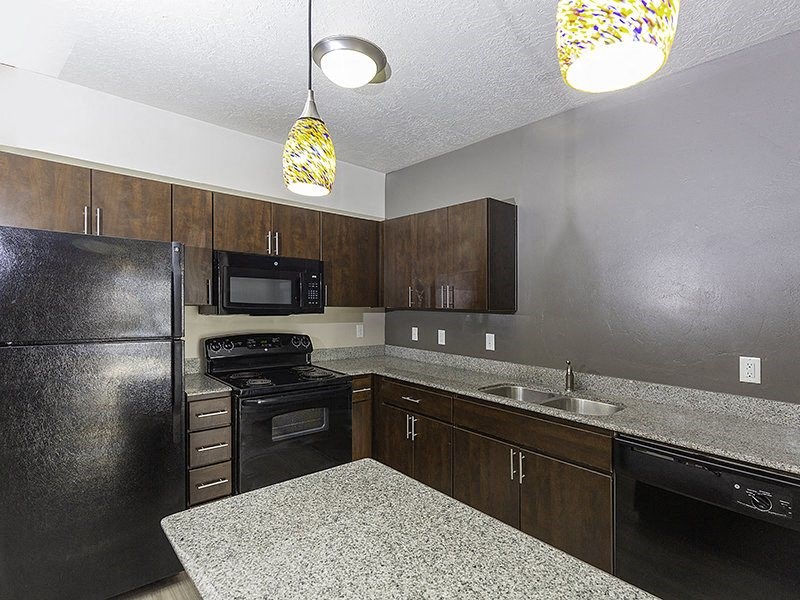 interior photo of a kitchen with brown cupboards from The Lotus Apartments in Downtown Salt Lake City, Utah