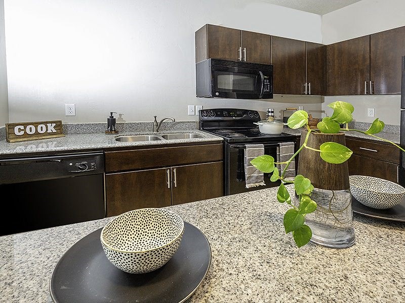 a kitchen with dark cupboards from The Lotus Apartments in Downtown Salt Lake City, Utah