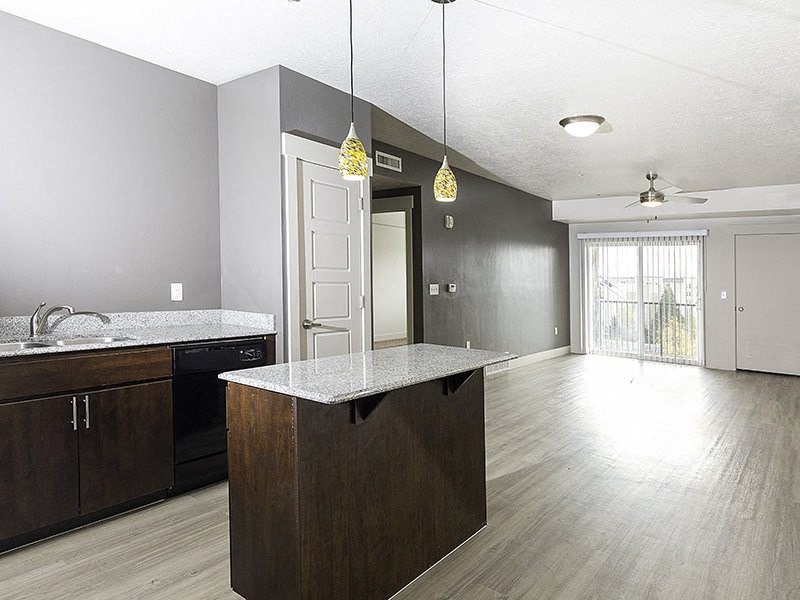 interior photo of a kitchen with hardwood floors from The Lotus Apartments in Downtown Salt Lake City, Utah