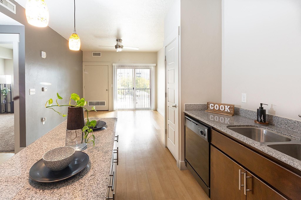 a kitchen and walkway from The Lotus Apartments in Downtown Salt Lake City, Utah