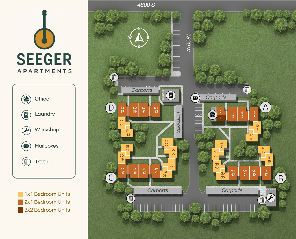 A map of Seeger Apartments showing the layout of the buildings and facilities.
