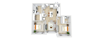 A 3D floor plan of a house with a kitchen, living room, and two bedrooms.