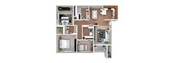 A detailed 3D floor plan of a house layout.