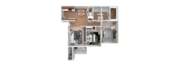 A detailed 3D floor plan of a small apartment.