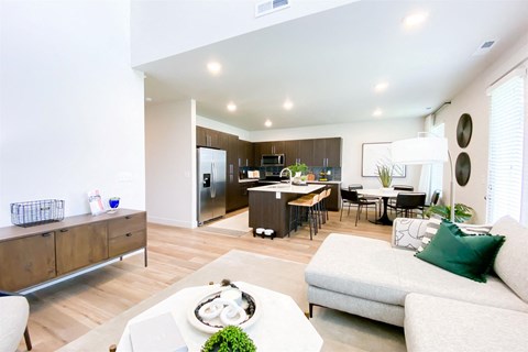 a living room with a couch and a table