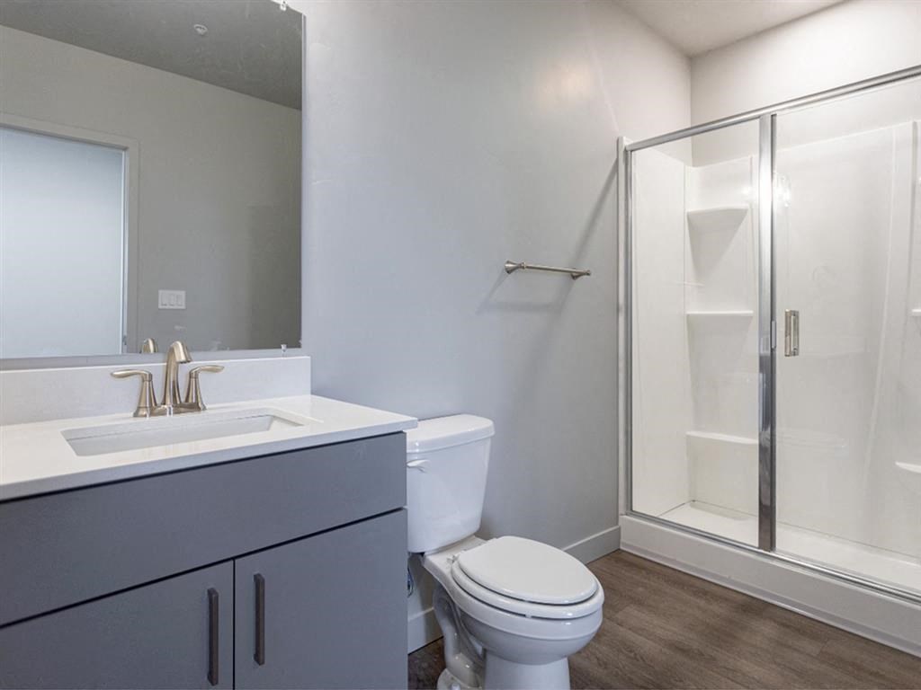 a bathroom with a sink toilet and a shower