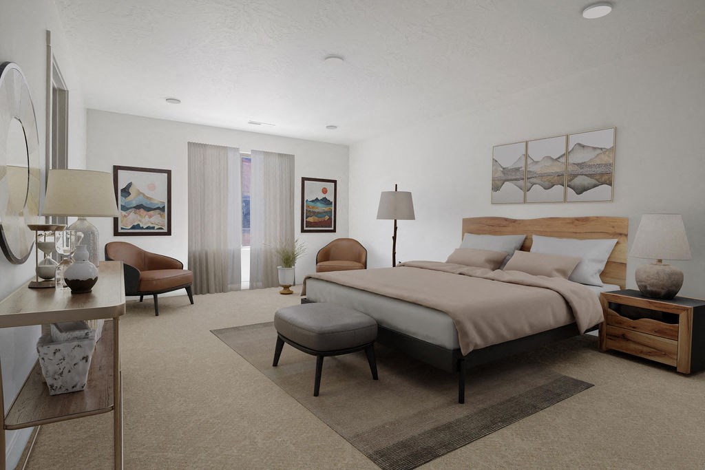 a rendering of a bedroom with a bed and a desk