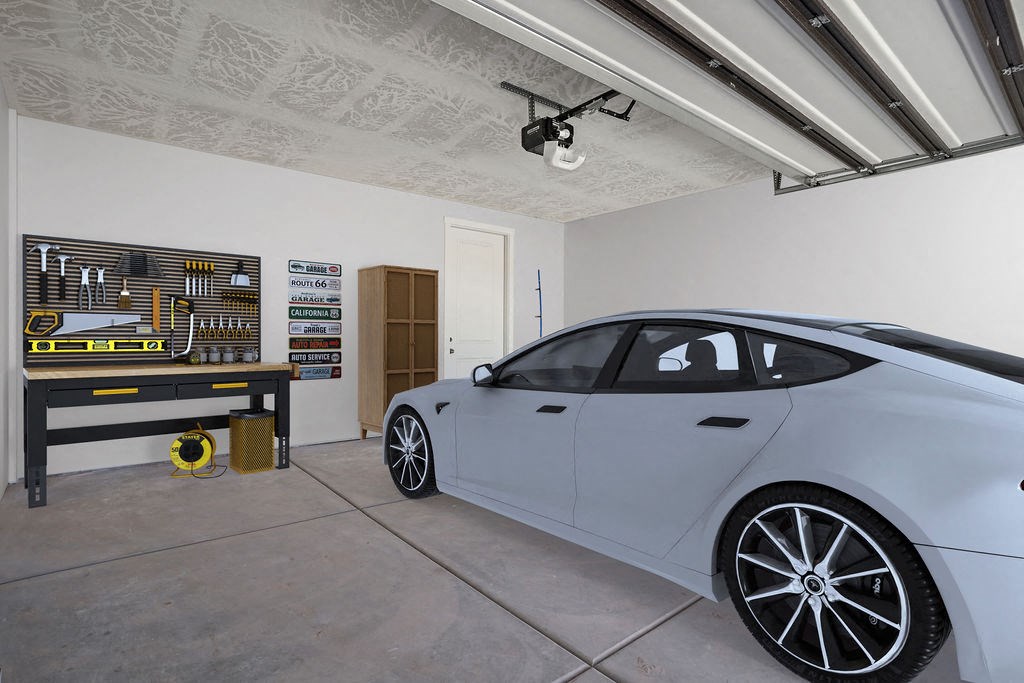 a white car parked in a garage next to a mechanical system