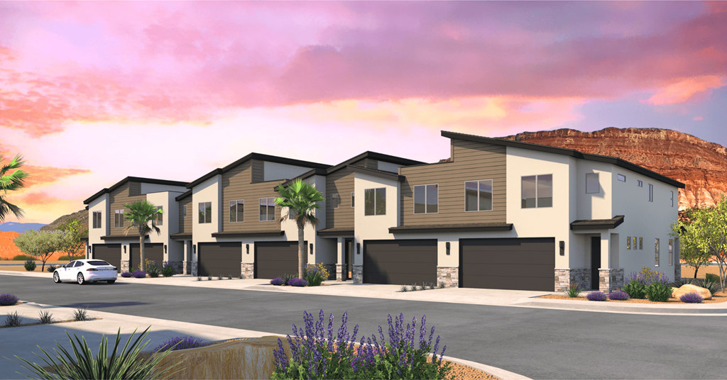 a rendering of a row of houses on a street with mountains in the background