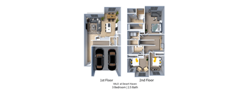 A digital rendering of the floorplan with furniture for a 3 Bedroom Townhome in Washington, UT