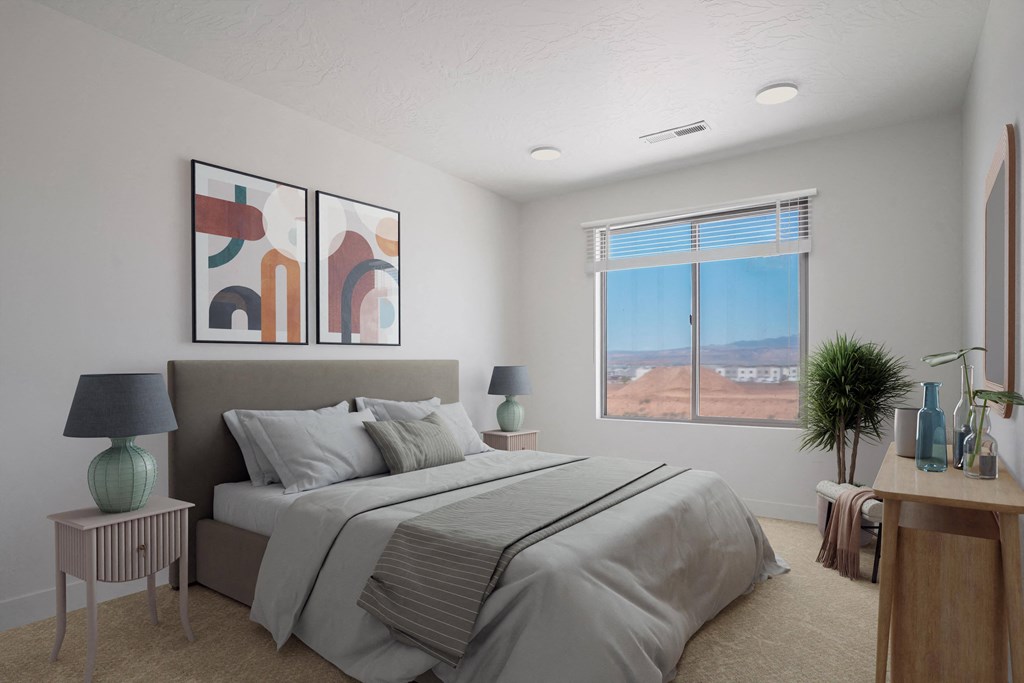 an empty bedroom with a bed and a window