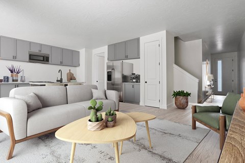 a living room with a couch and a table