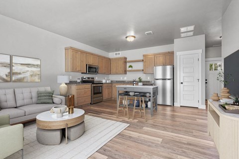 A modern kitchen with wooden cabinets and a large island.