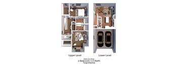 3D floor plan for a 2 bedroom 2.5 bath townhome for rent at VALO On Vine in Tooele, Utah