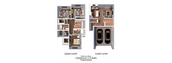 3D floor plan for a 3 bedroom 2.5 bath townhome for rent at VALO On Vine in Tooele, Utah