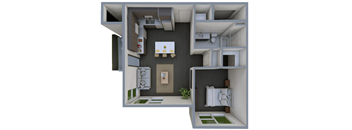 A 3D rendered image of a small apartment layout.
