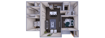 A 3D rendered image of a small apartment layout.