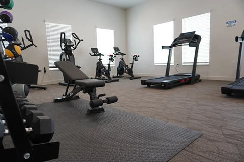 A spacious gym with a variety of equipment including treadmills, stationary bikes, and dumbbells.
