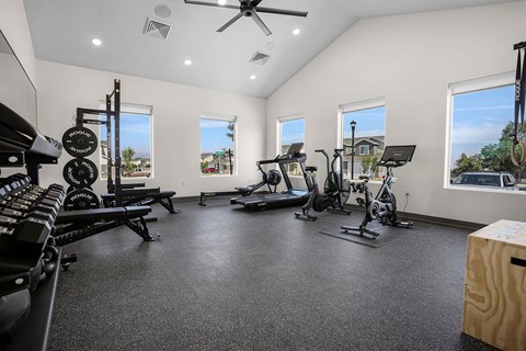 A spacious home gym with a variety of exercise equipment.