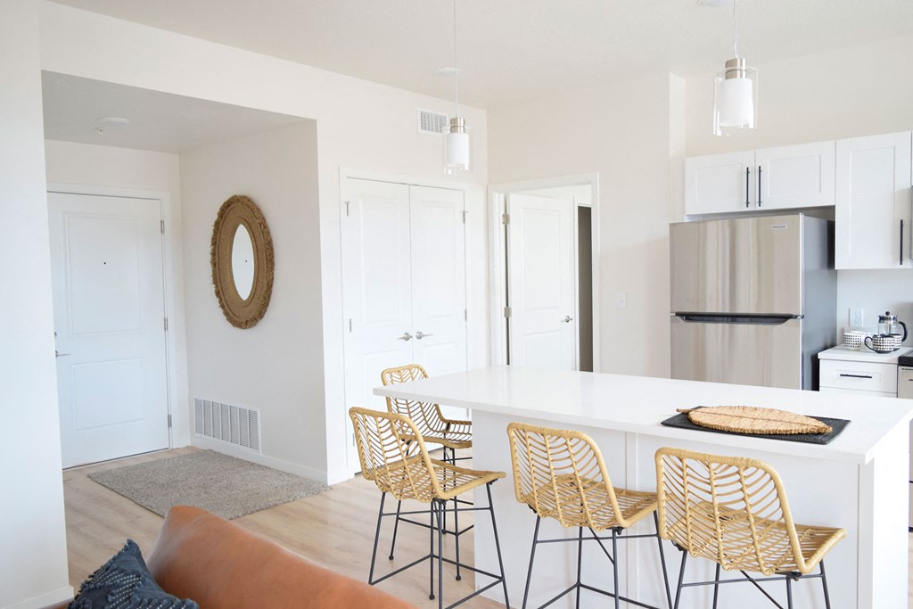 a view of the kitchen and living room from the living room
