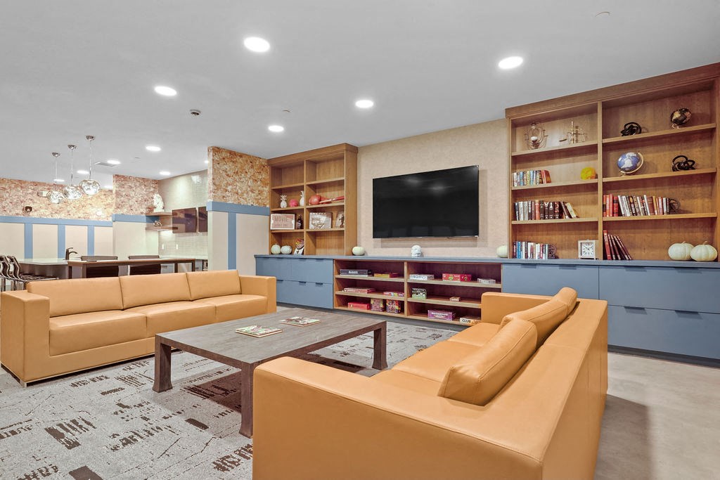 A living room with a television, couches, and bookshelves.