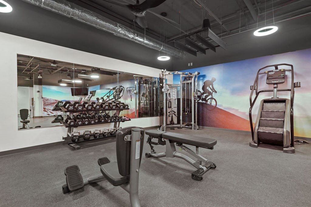 A gym with a variety of equipment including weights and a treadmill.