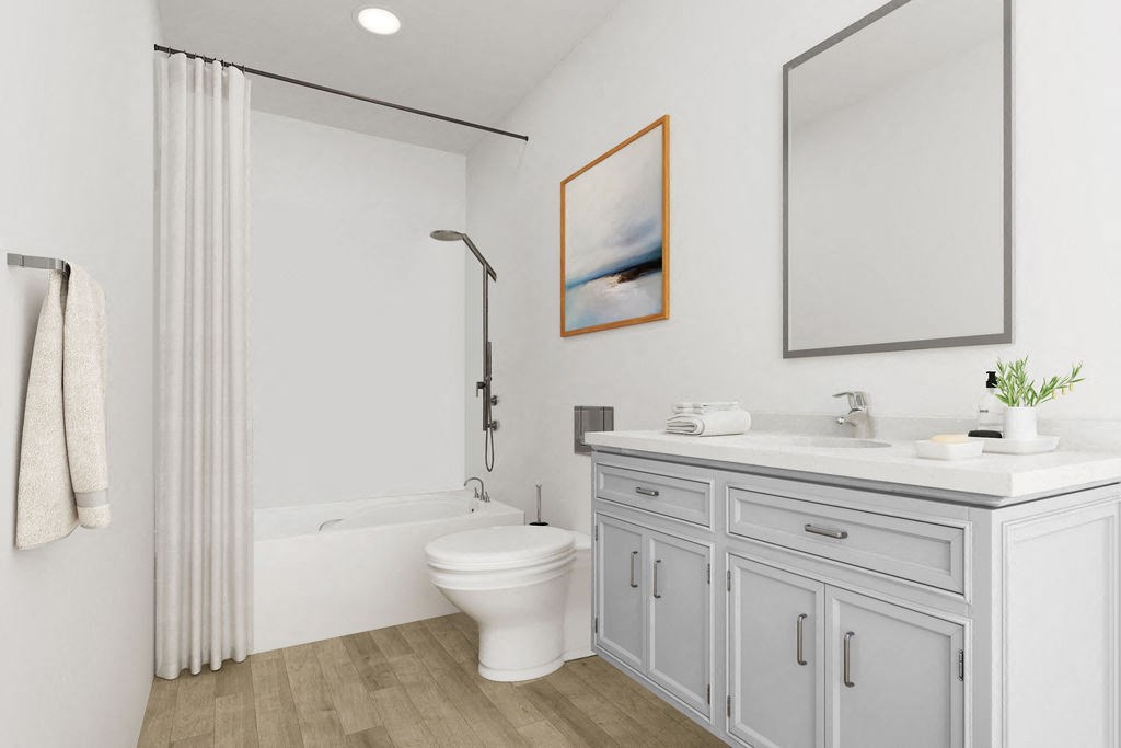 a digital rendition of a bathroom at Valo on Vine townhomes in Toole, UT
