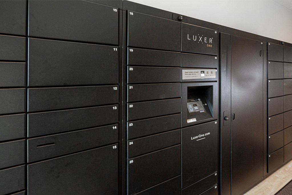 A row of black lockers with the word LUXER on the top of the doors.