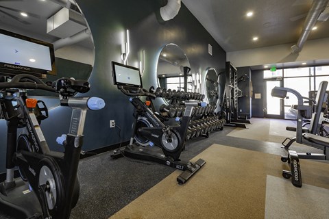 a gym with various exercise bikes and weights