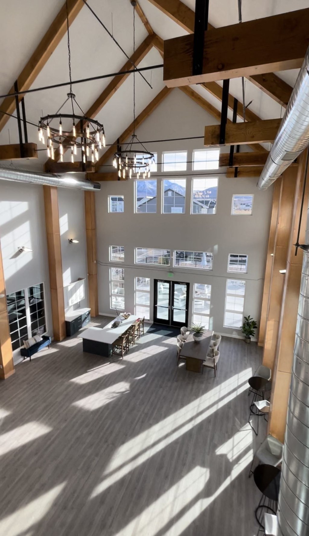 a view of the lobby of a building with high ceilings